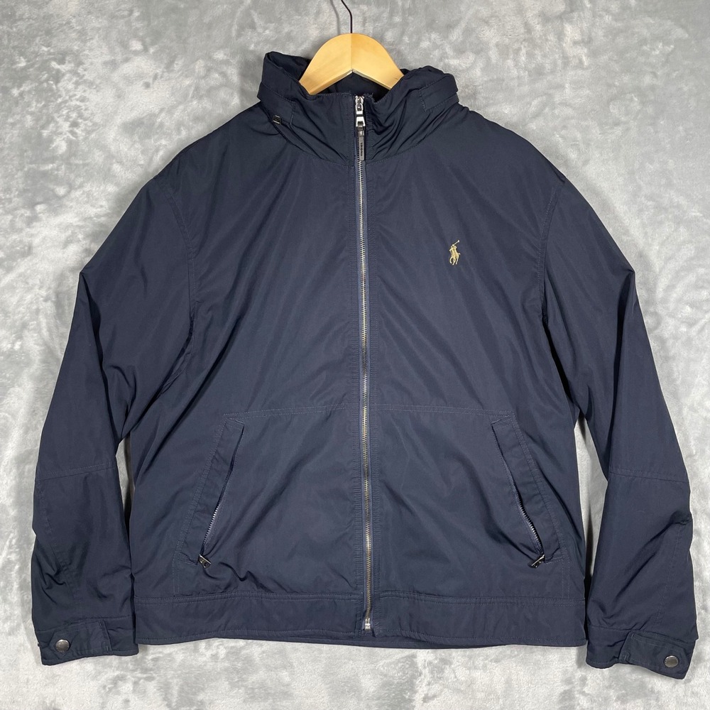 Polo Ralph Lauren Mens Navy Blue Windbreaker Jacket Hidden Hood Large 4651 RC